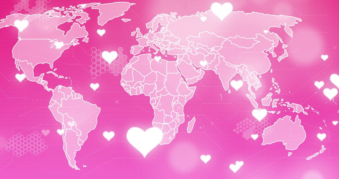 World Map with Hearts on Pink Background Symbolizing Global Love