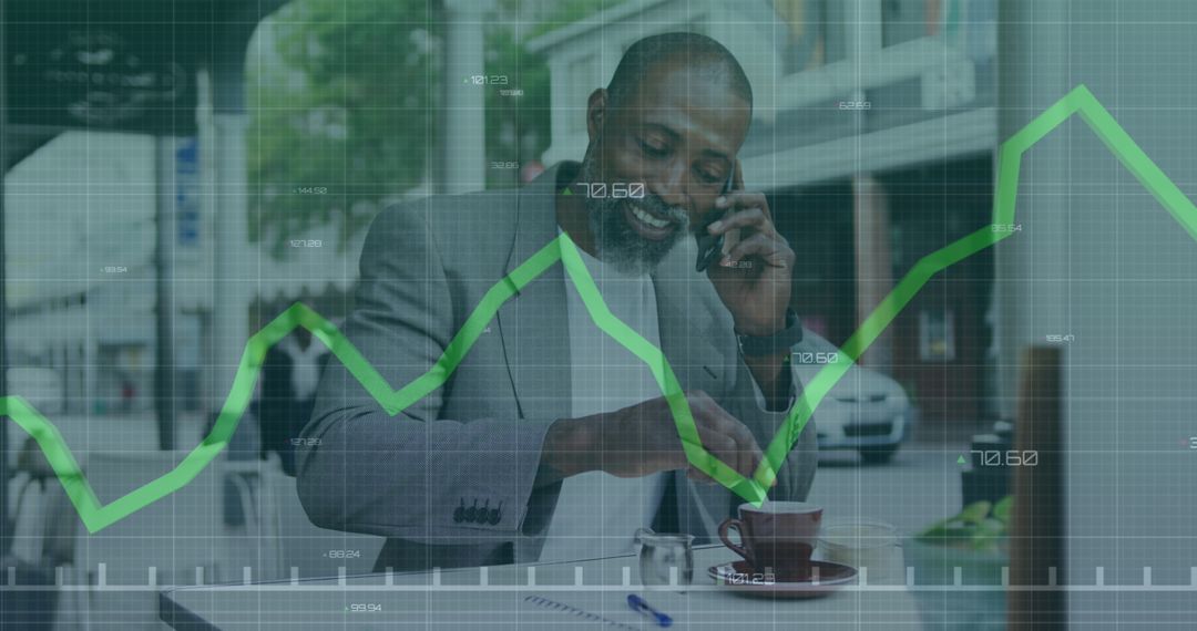 Businessman Analyzing Data with Smartphone and Stock Graph Overlay