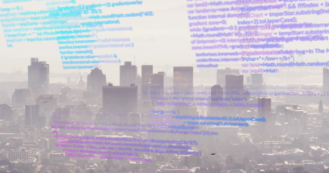 Futuristic Skyline with Floating Digital Code in Urban Haze