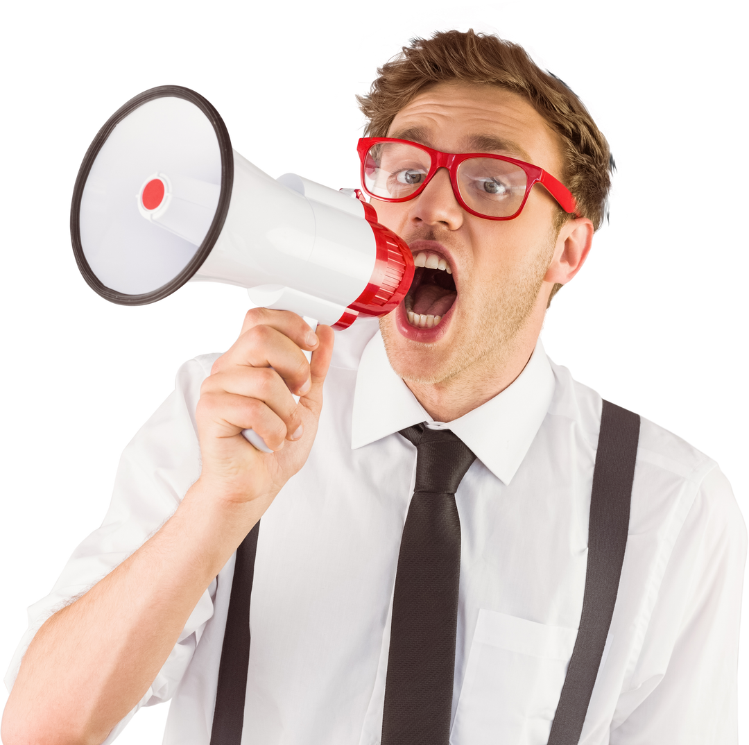 Transparent geeky businessman shouting with red megaphone - Download Free Stock Images Pikwizard.com