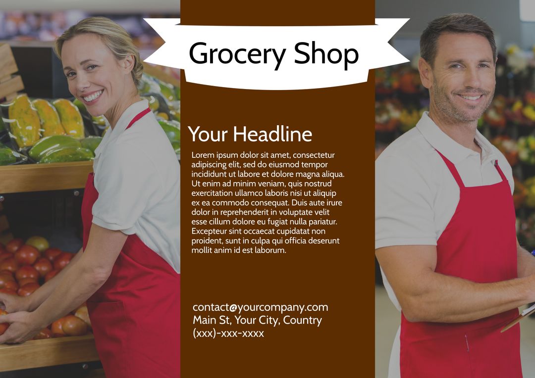 Grocery Shop Advertising Poster with Smiling Staff in Red Aprons - Download Free Stock Templates Pikwizard.com