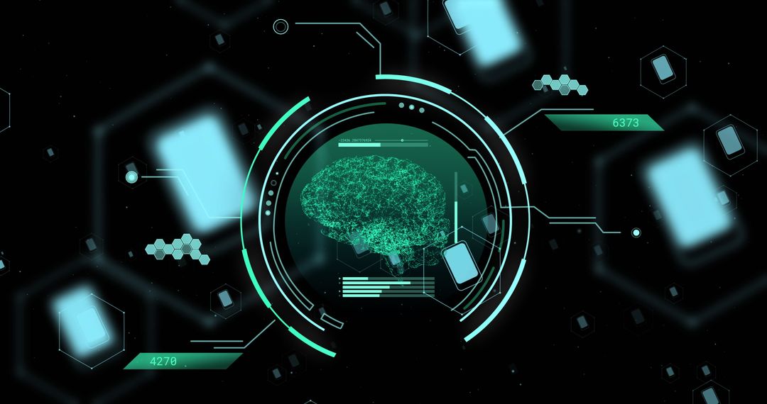 Digital brain and data processing interface on dark background