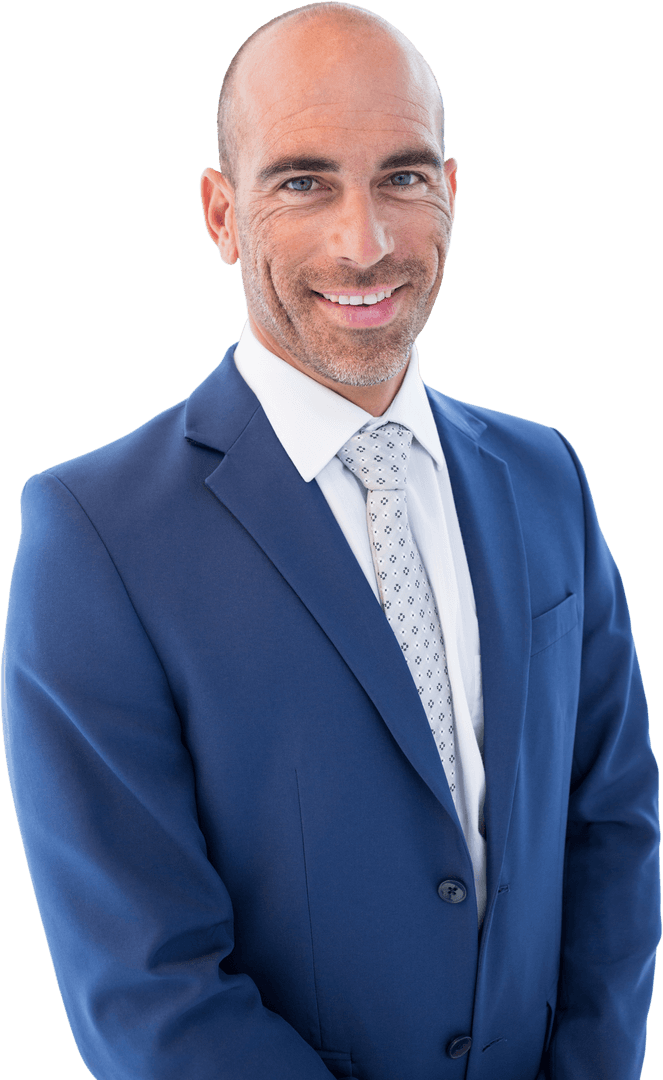 Transparent Smiling Businessman in Blue Suit for Marketing Use