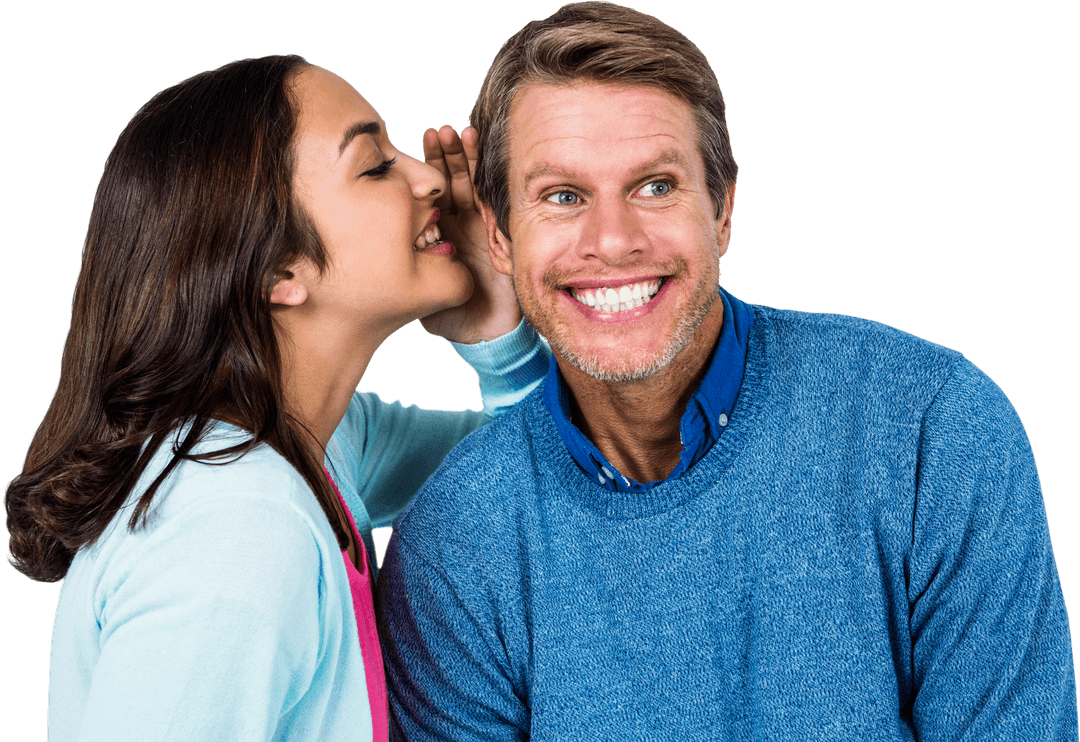 Smiling Couple Sharing Secret Whisper on Transparent Background
