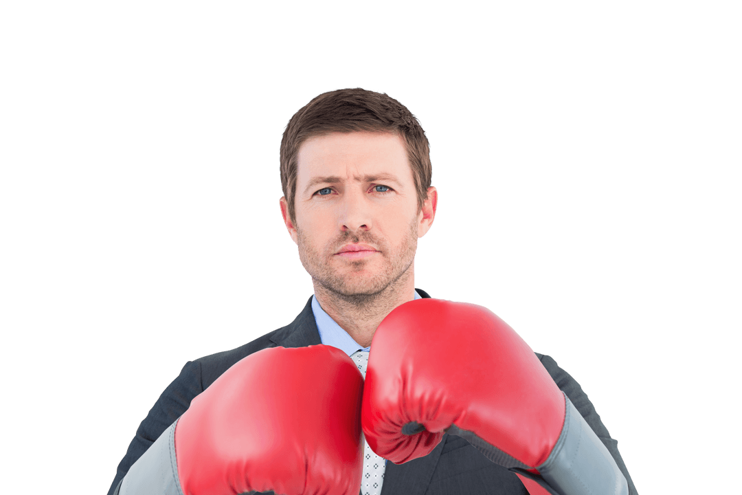 Caucasian Businessman Wearing Boxing Gloves on Transparent Background