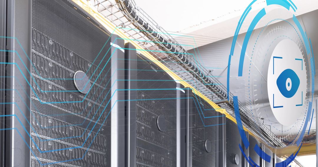 Futuristic Eye Icon Interface Over High-Tech Server Room