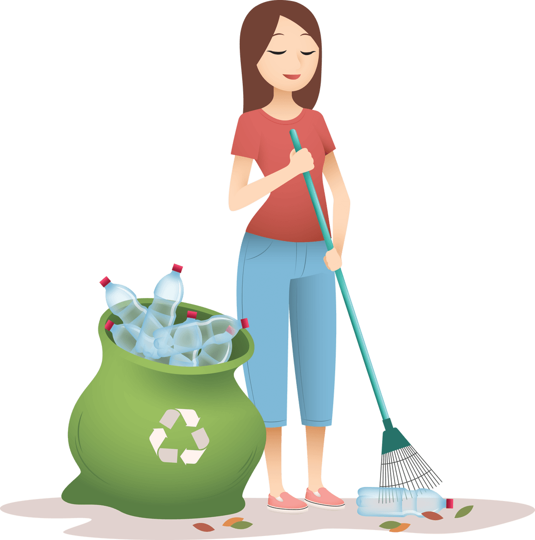 Woman Sweeping with Broom and Recyclable Bag on Transparent Background