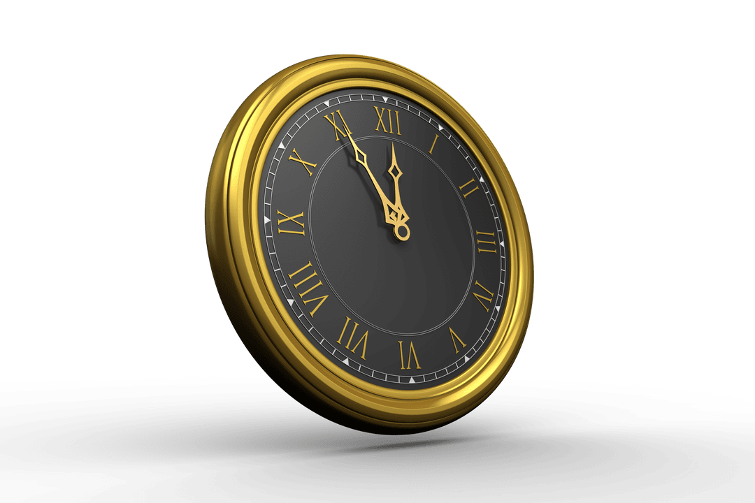 Golden Framed Clock on Transparent Background with Roman Numerals