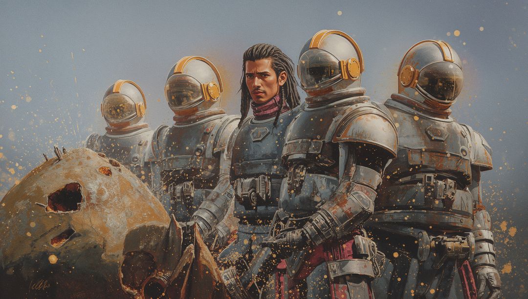 Commander Standing Among Armored Space Squad on Barren Planet with Cracked Skull