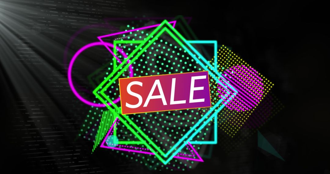 Bright Neon SALE Sign with Geometric Patterns on Dark Background