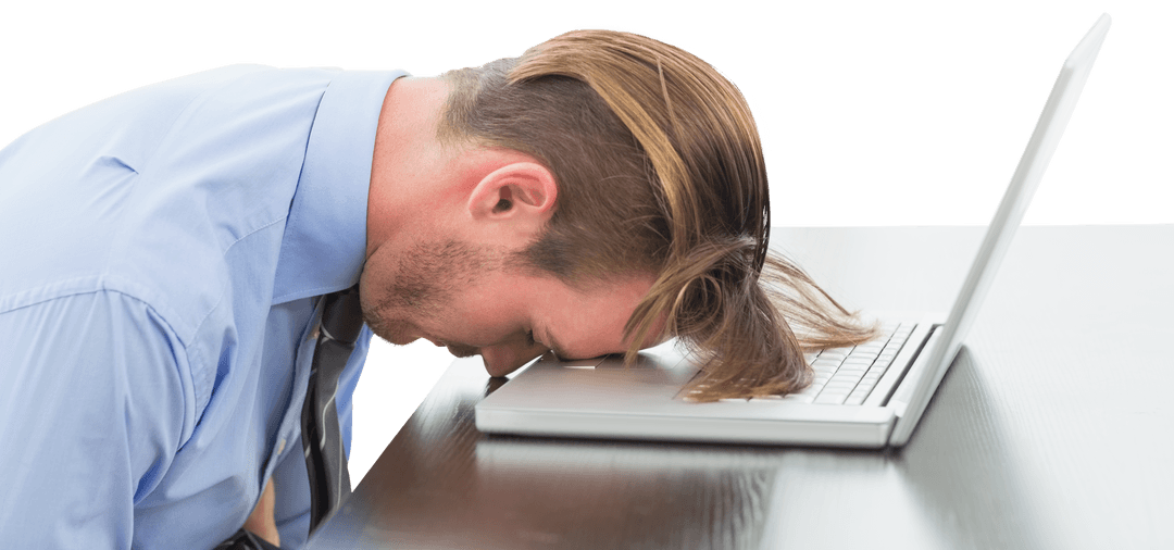 Transparent Businessman Resting Head on Laptop Exhausted