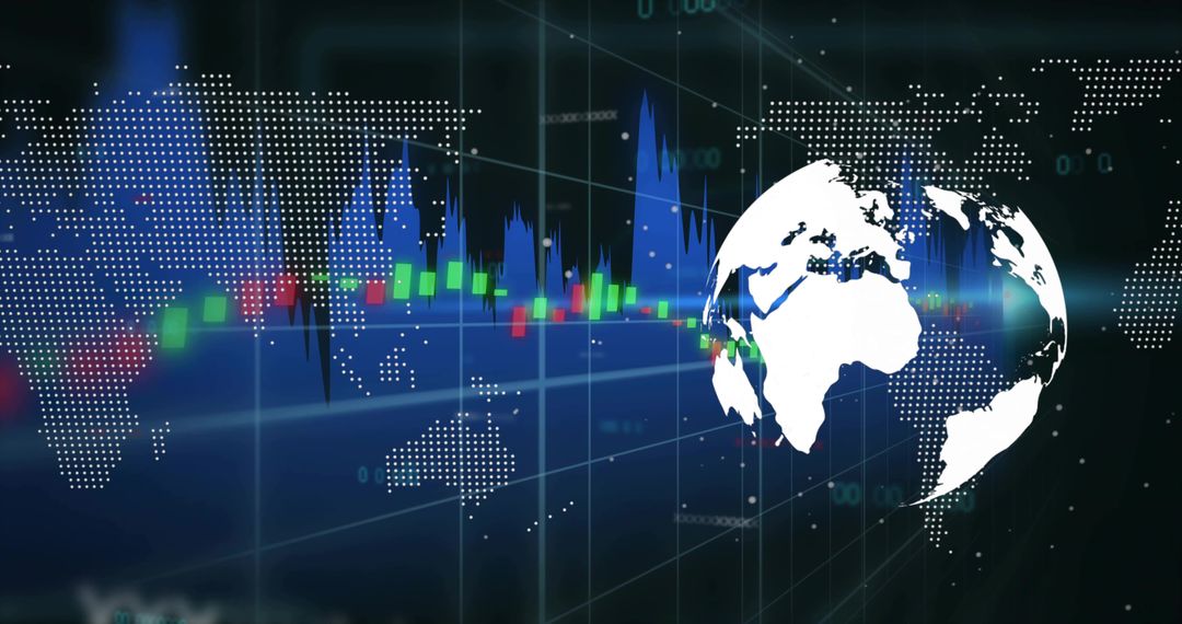 Futuristic Global Finance HUD with Rotating Globe, Candlestick Chart and Digital World Map