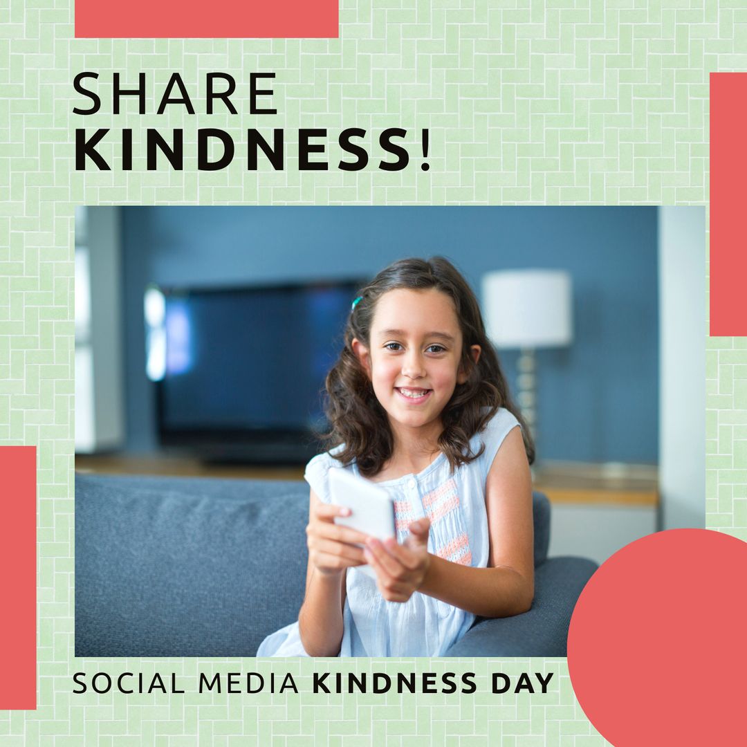 Young Girl Promotes Social Media Kindness Day with Smartphone