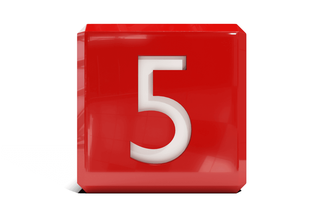 Transparent Red Cube with Number 5 on Isolated Background