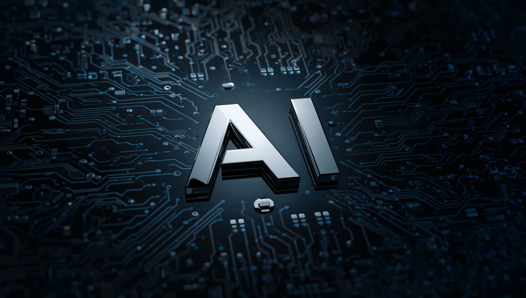 Shiny Metallic AI Emblem on Dark Circuit Board Conveying Futuristic Hardware Intelligence