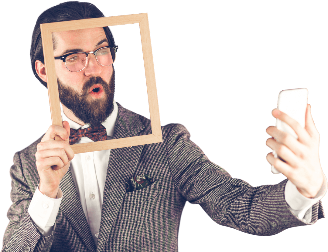 Creative Businessman Taking Selfie Through Wooden Frame on Transparent Background