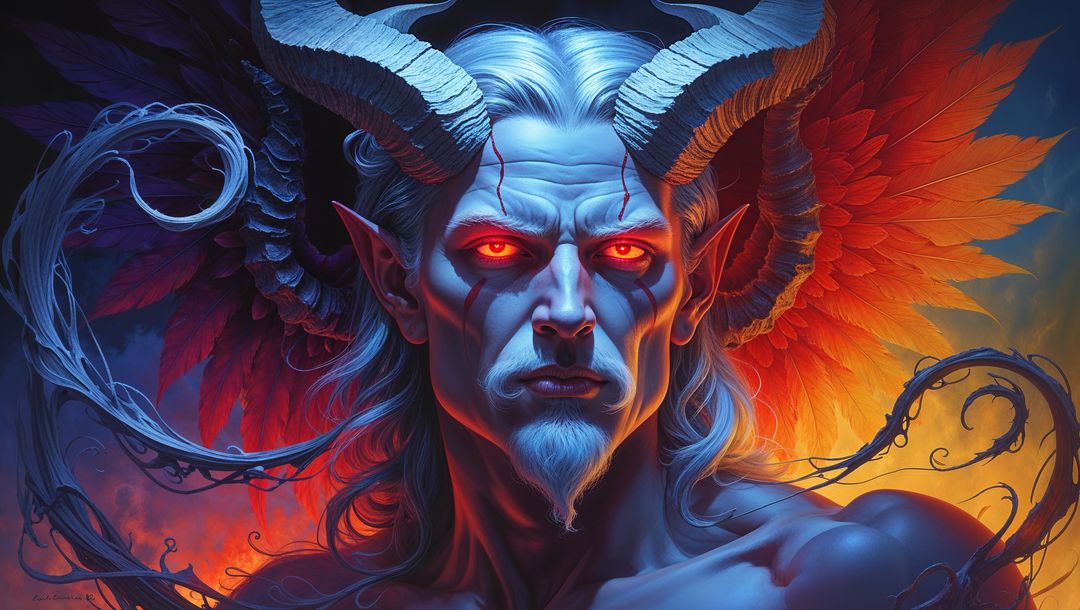 Fierce satan champion with glowing red eyes in fantasy realm