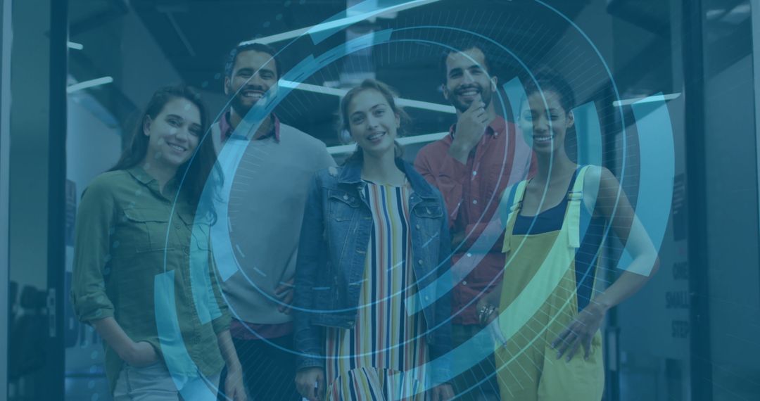 Innovative Team Collaborating with Blue Holographic Interface in Modern Office