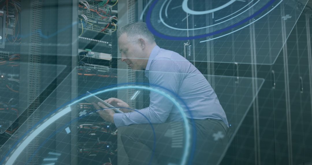 IT Technician Analyzing Servers with Digital Interface Overlay