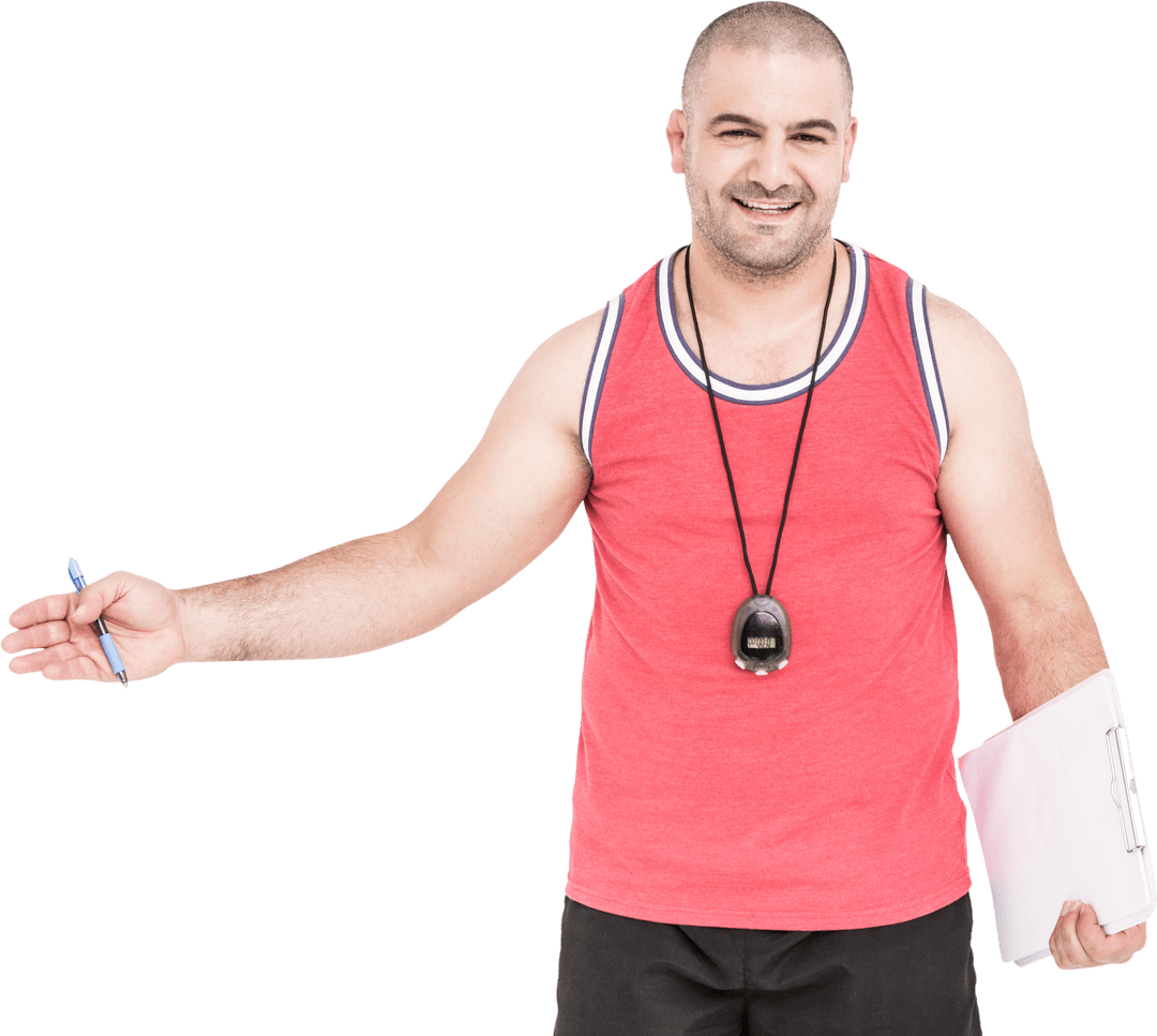 Coach Joyfully Posing with Timer and Clipboard on Transparent