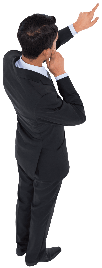 Transparent Back View of Thinking Asian Businessman Pointing