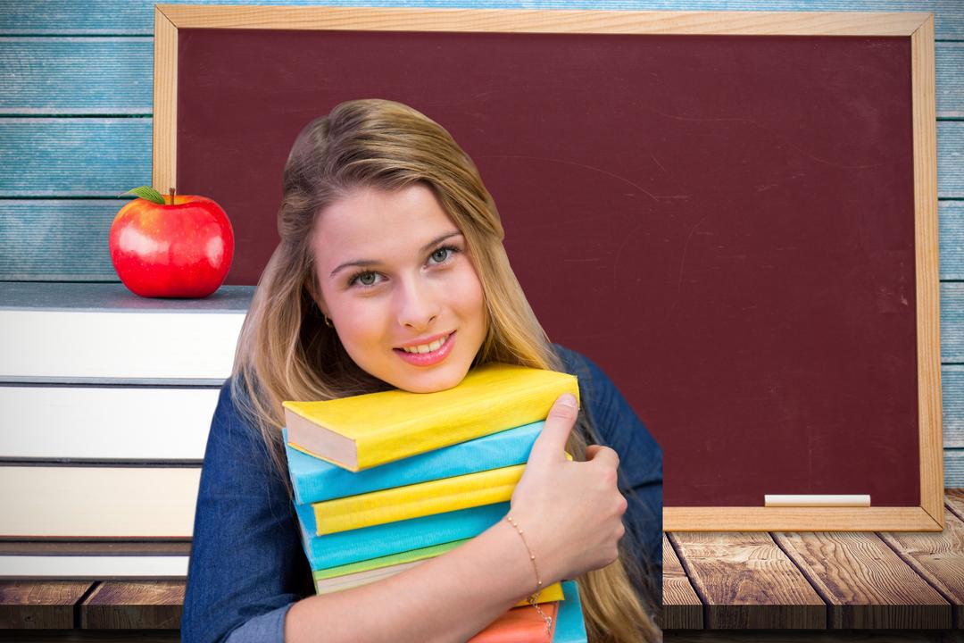 Portrait of smiling student holding stacked books in classroom - Free Images, Stock Photos and Pictures on Pikwizard.com