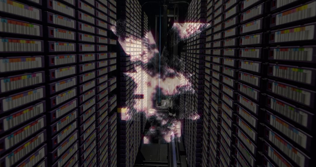 Spinning Yen Symbol in High-Tech Server Room