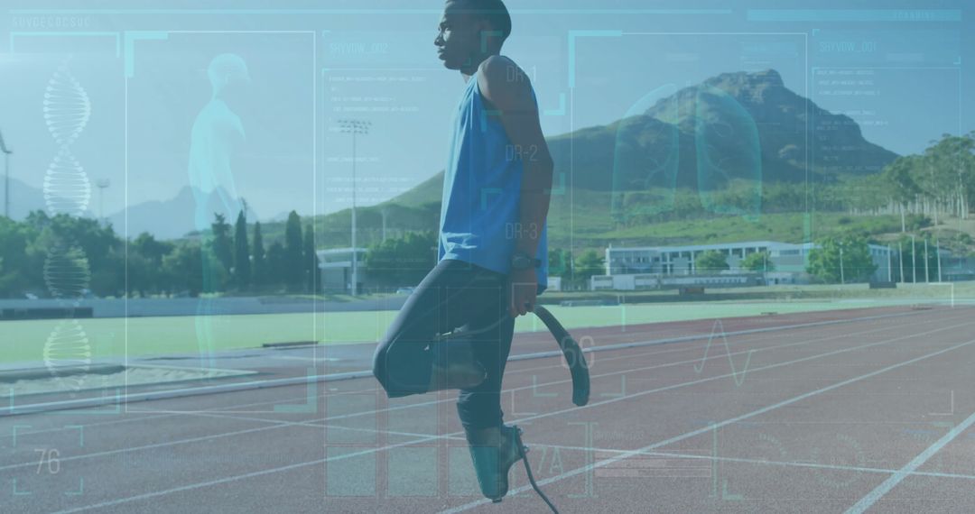 Paralympic Athlete Running with Futuristic Data Analysis Interface