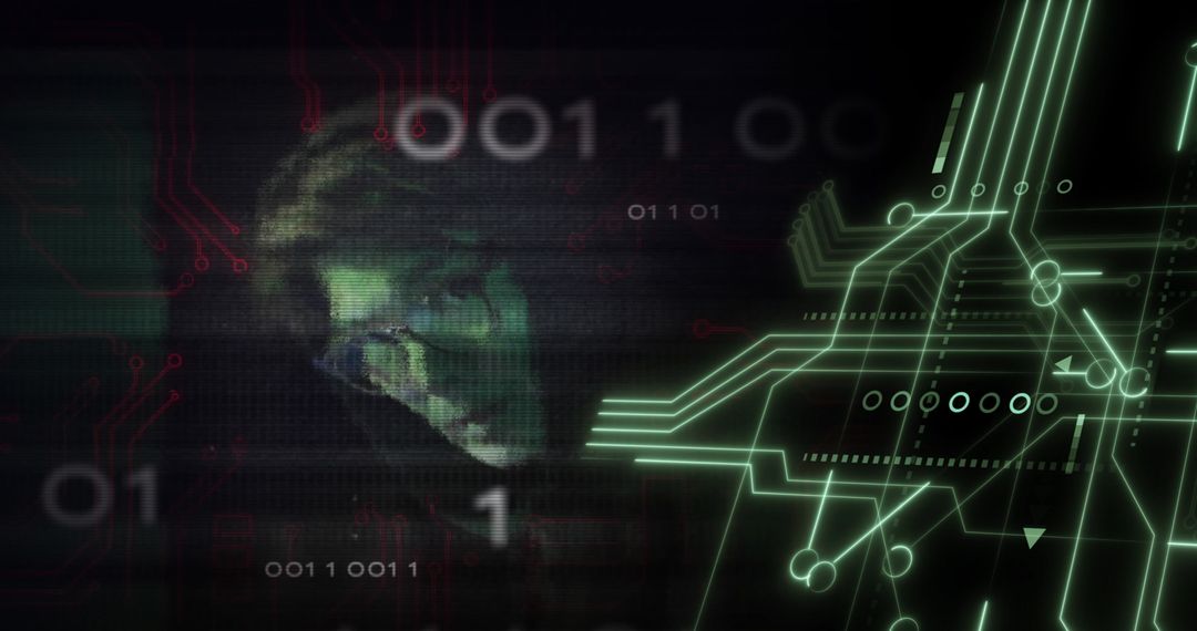 Hacker Analyzing Cryptic Digital Data on Dark Background