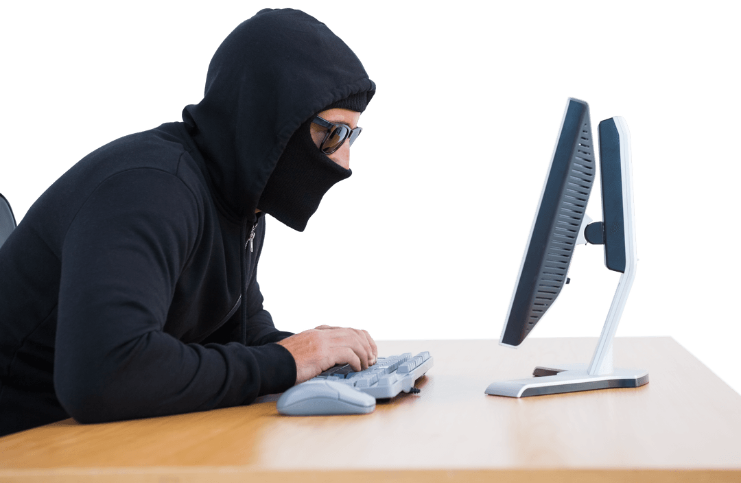 Hacker in Hood Typing at Computer on Transparent Background - Download Free Stock Images Pikwizard.com