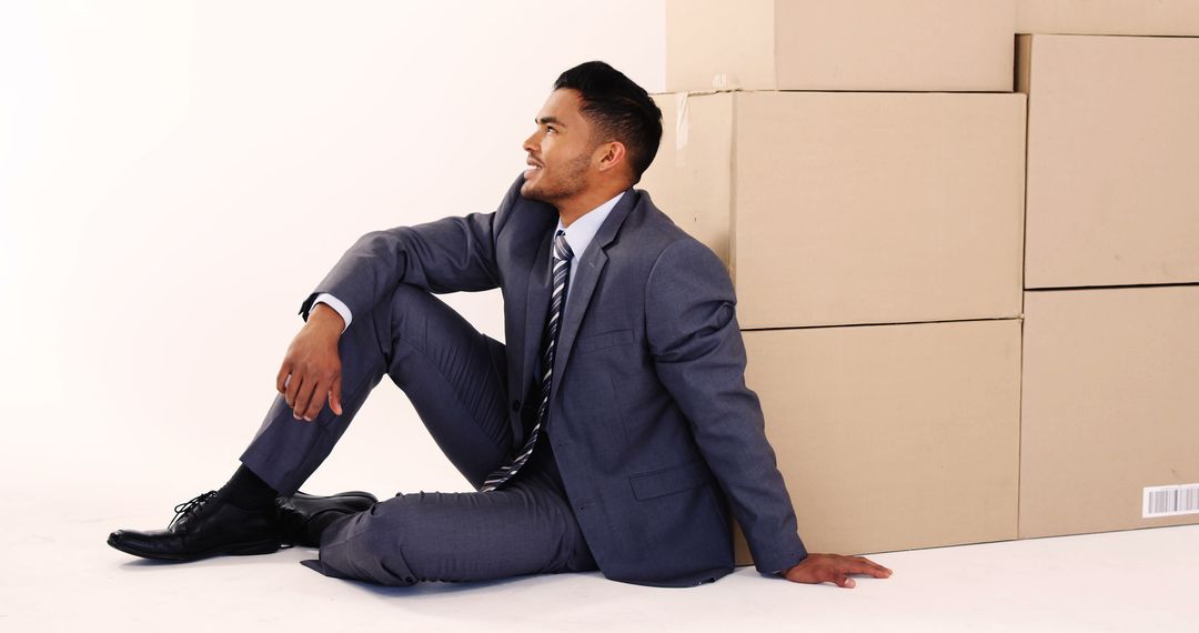 Businessman sitting on floor leaning against stacked boxes - Free Images, Stock Photos and Pictures on Pikwizard.com