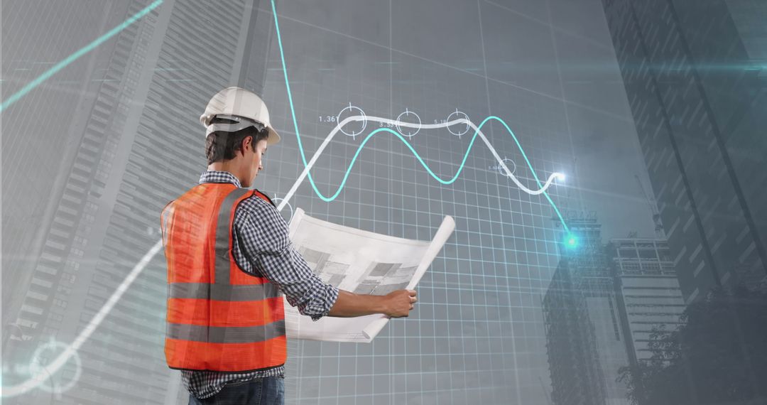 Engineer Analyzing Building Plans Against Abstract Economic Graph