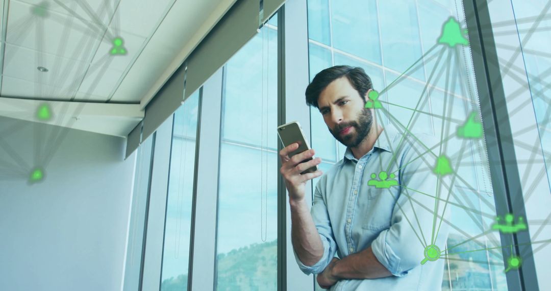 Casual Businessman Connecting on Smartphone with Digital Network Overlay