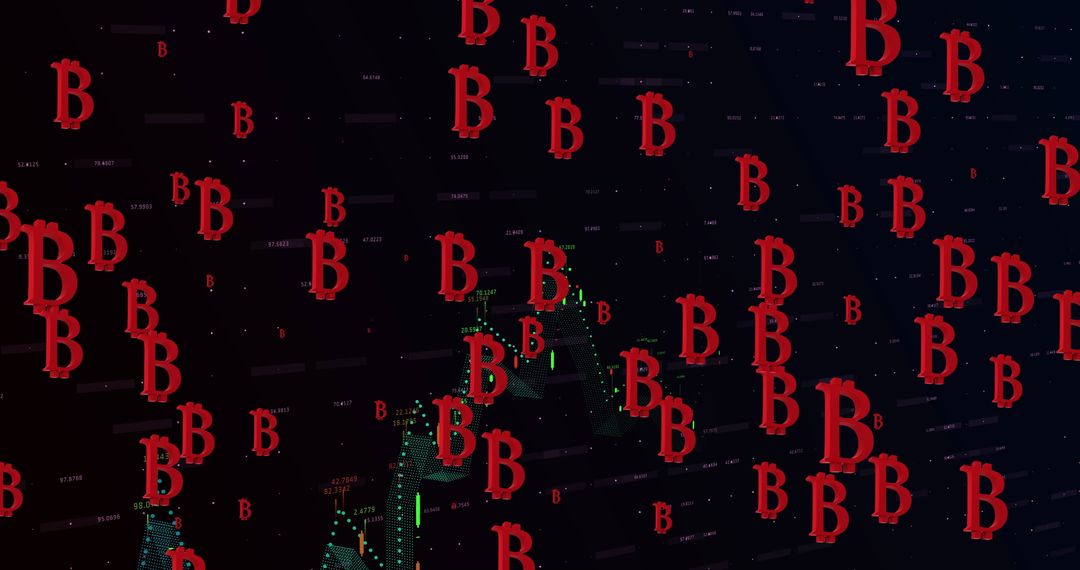 Digital Bitcoin Symbols Over Stock Market Graph Background