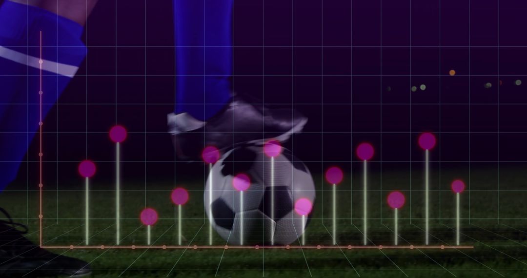 Soccer Player Dribbling at Night with Data Analytics Overlay
