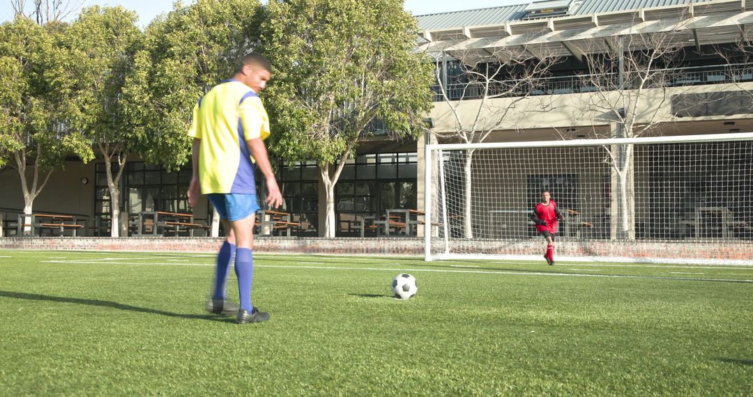 Soccer Player Preparing Kick While Goalkeeper Positioned at Goal