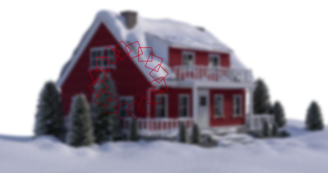 Red Cottage in Snowy Landscape with Evergreen Trees