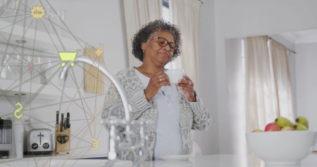 Technology and Connection with Senior Enjoying Coffee