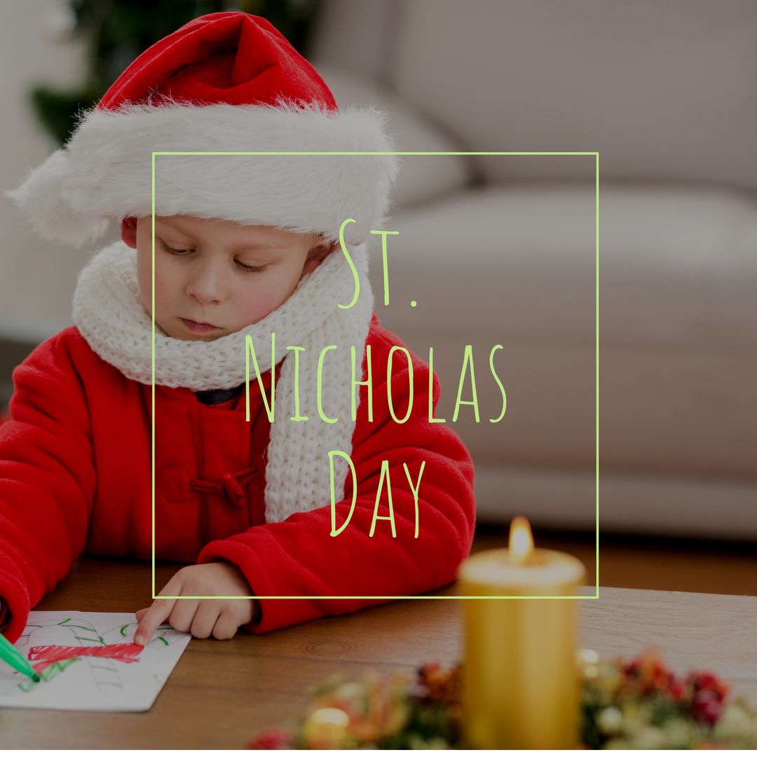 Composition of st nicholas day text over caucasian boy in santa claus outfit writing - Download Free Stock Templates Pikwizard.com