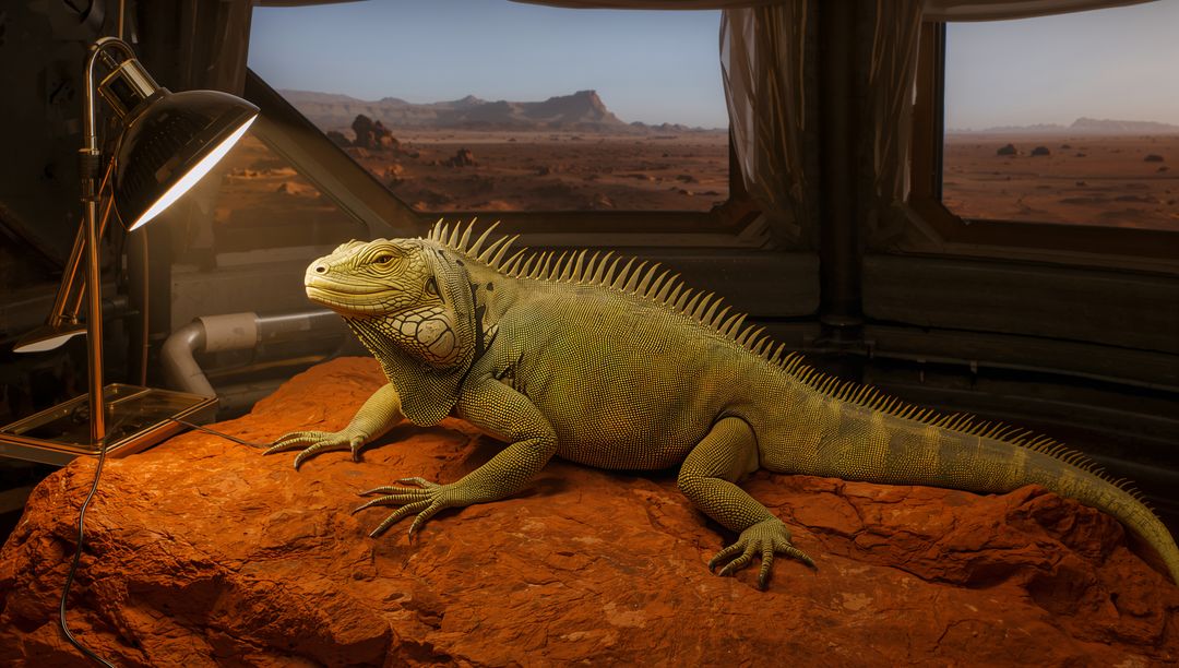 Green iguana basking under desk lamp on rusty rock slab inside desert habitat module
