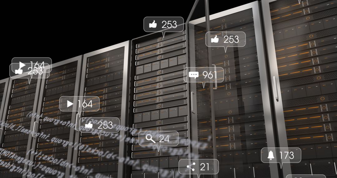 Digital Interface and Social Icons Over Modern Server Room