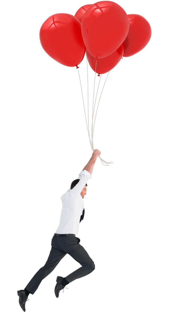 Businessman Ascending with Red Balloons on Transparent Background