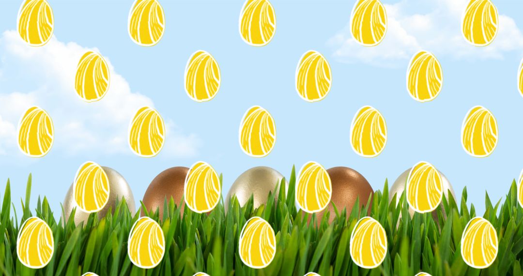 Festive Easter Egg Pattern Over Pastel Sky and Grass