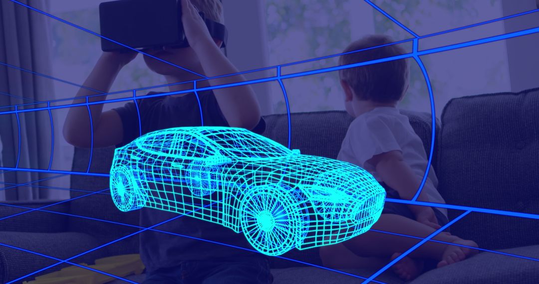 Boy Experiencing Virtual Car Design with VR Headset at Home