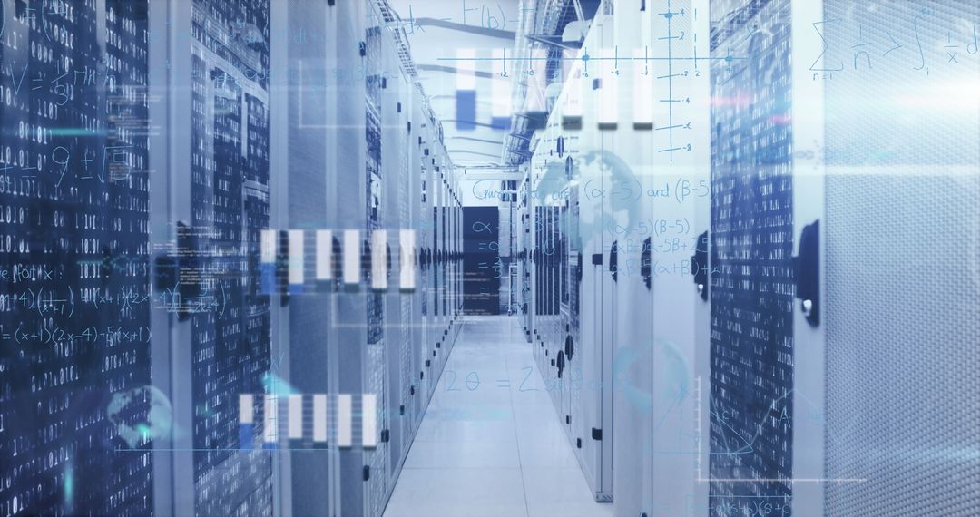 Data Center Corridor with Server Racks and Digital Overlay