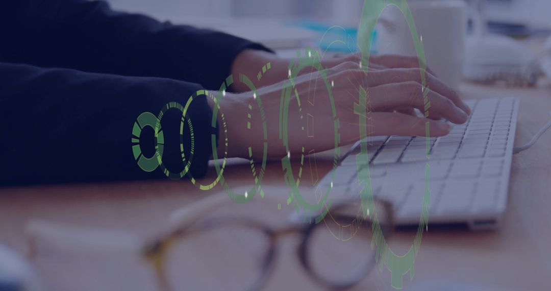 Professional Typist Using Keyboard on Modern Office Desk with Futuristic Graphics