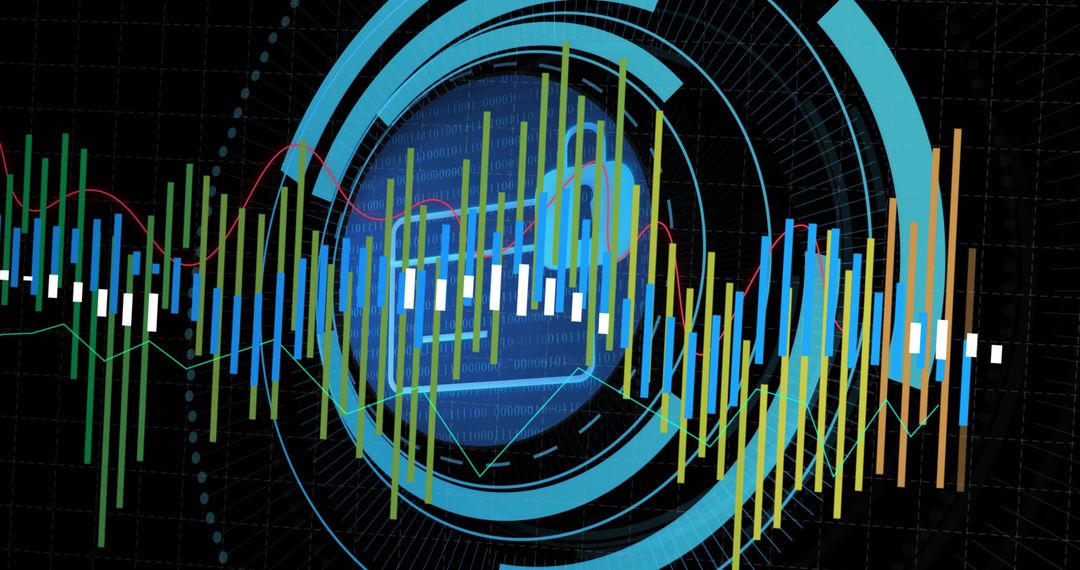 Futuristic finance HUD displaying radial data rings, candlestick charts and global analytics overlay
