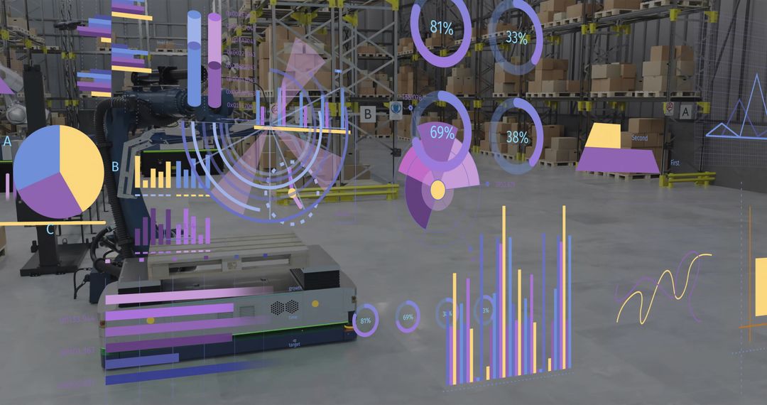 Futuristic Warehouse Automation with Data Analytics Overlay