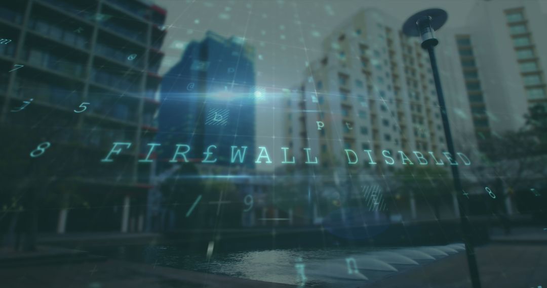 Holographic Text 'FIREWALL DISABLED' in Urban Plaza, Futuristic Cyber Theme