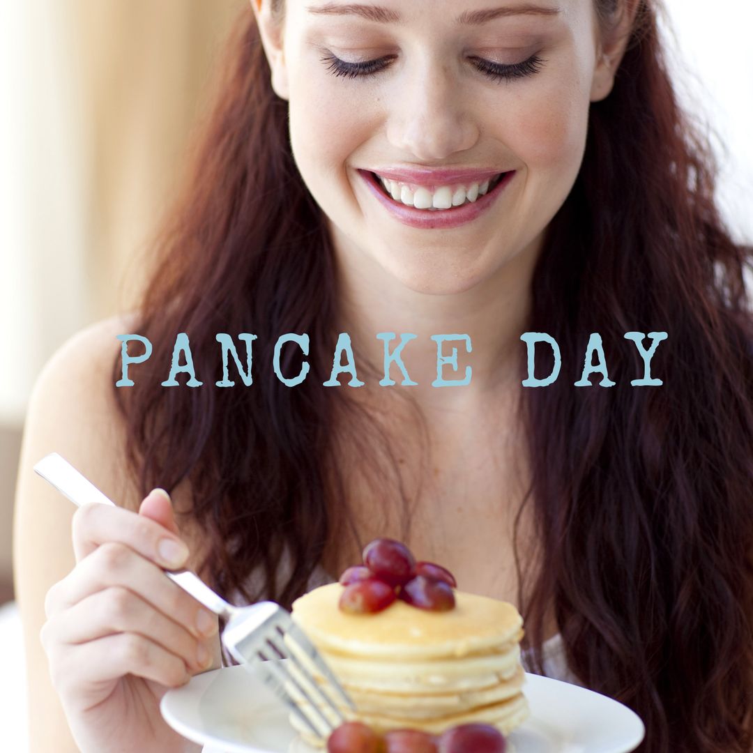 Joyful Woman Celebrating Pancake Day with Delicious Breakfast